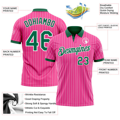 Custom Pink White Pinstripe-Kelly Green Performance Polo Shirt