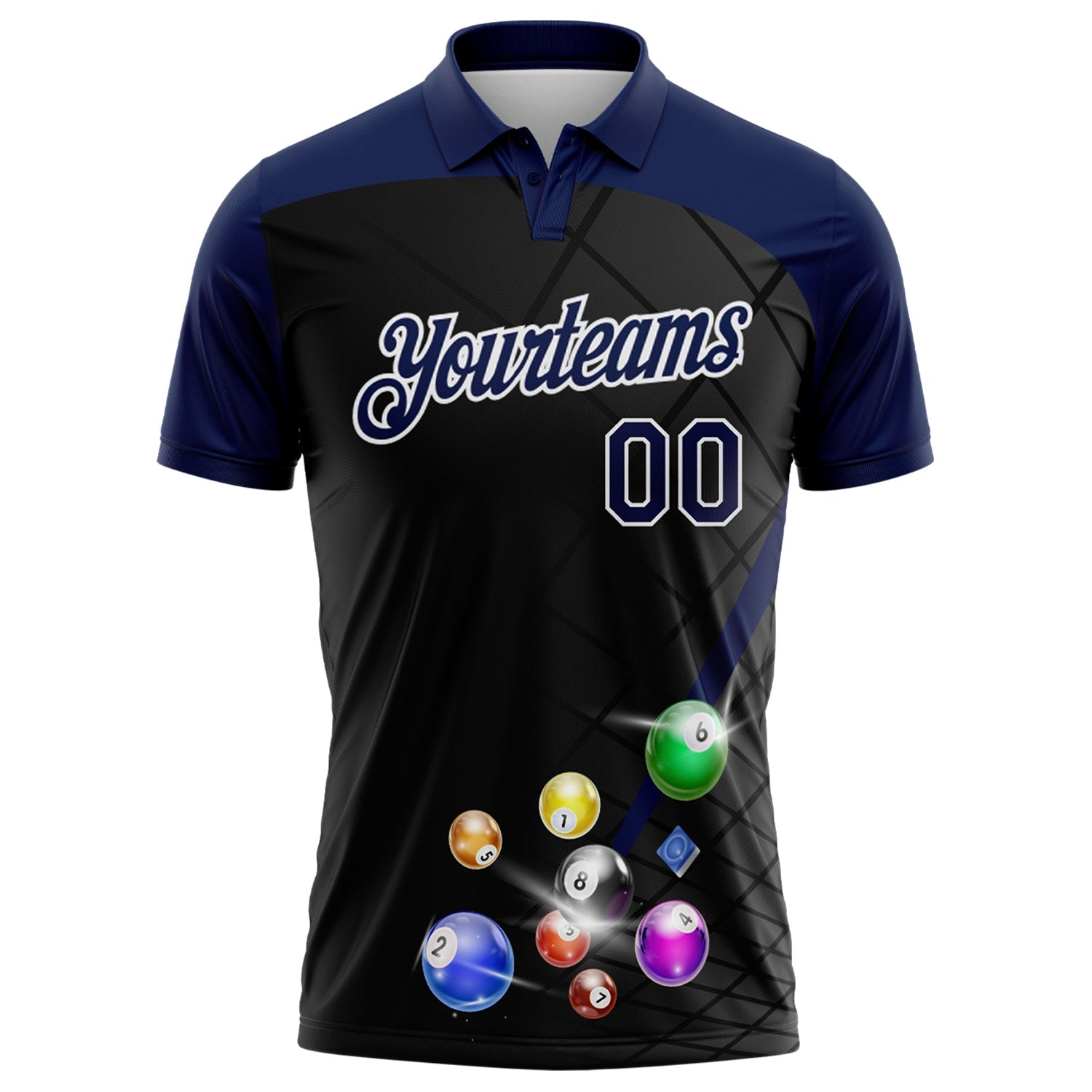 Custom Black Navy-White Billiard Balls Performance Polo Shirt