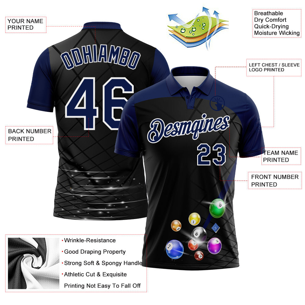 Custom Black Navy-White Billiard Balls Performance Polo Shirt