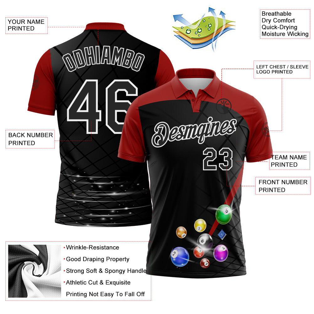 Custom Black Red-White Billiard Balls Performance Polo Shirt