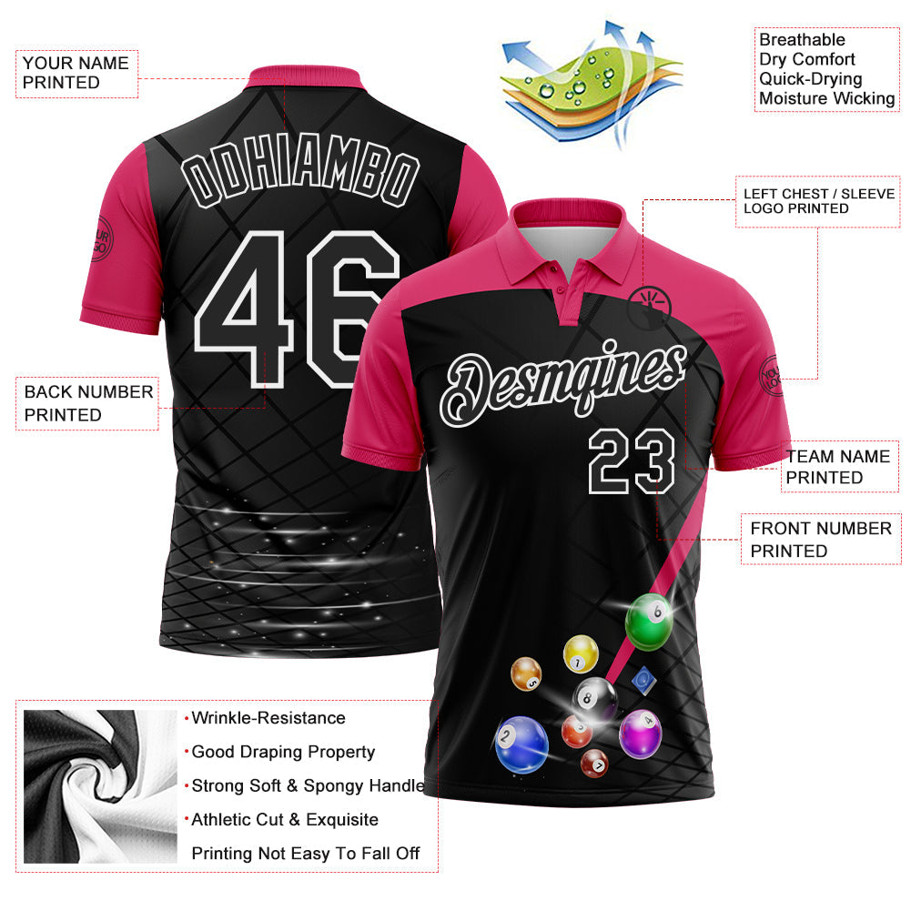 Custom Black Pink-White Billiard Balls Performance Polo Shirt