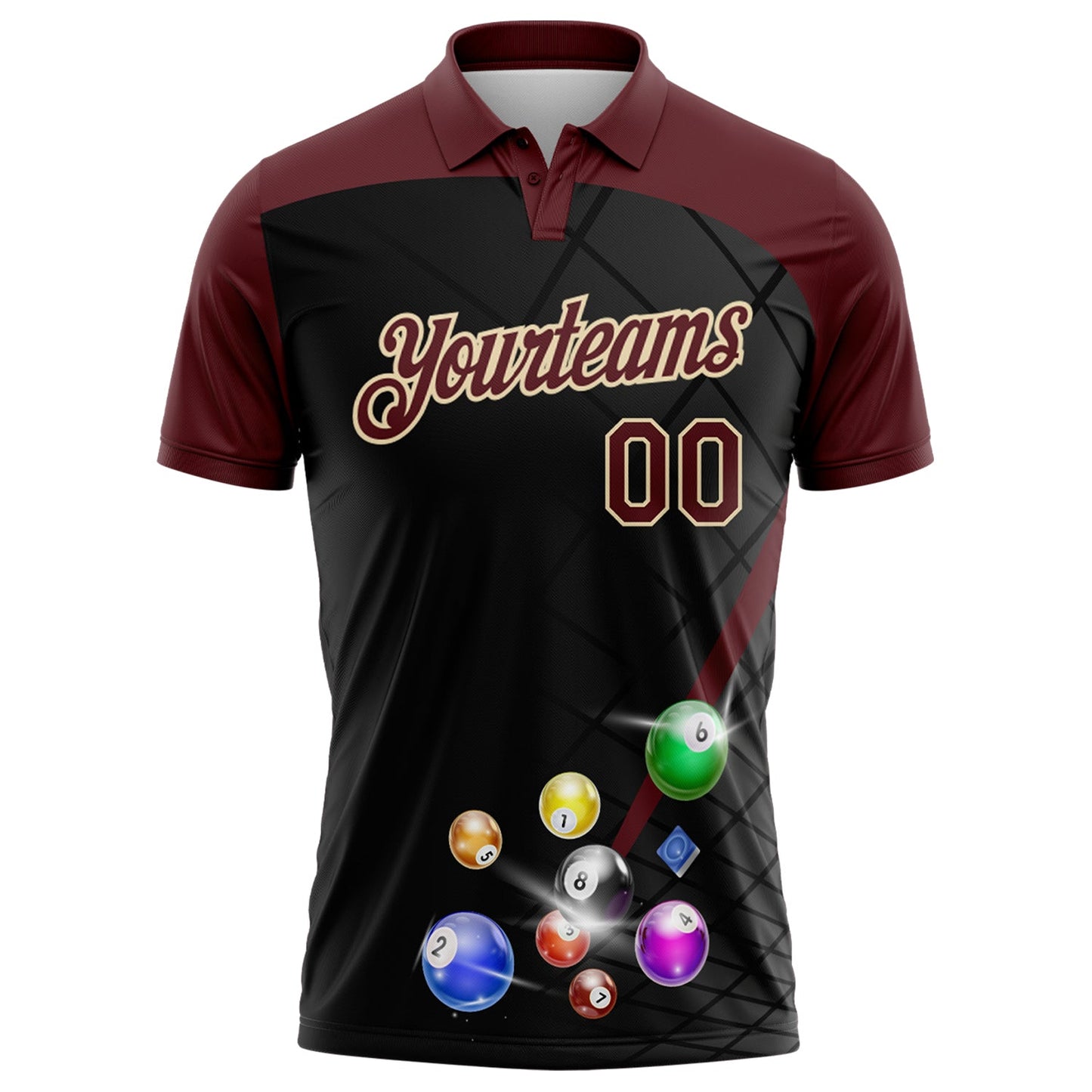 Custom Black Crimson-Cream Billiard Balls Performance Polo Shirt
