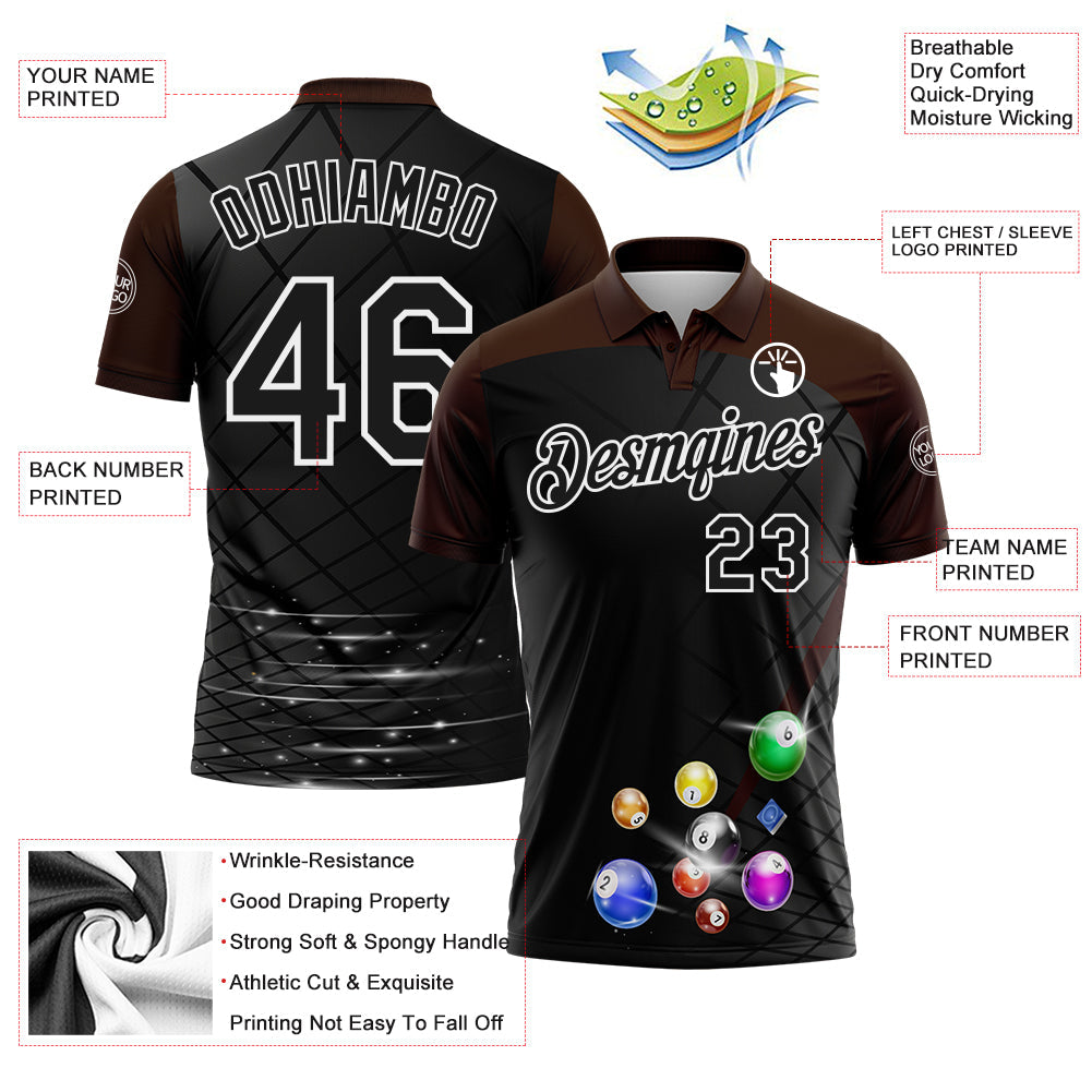 Custom Black Brown-White Billiard Balls Performance Polo Shirt