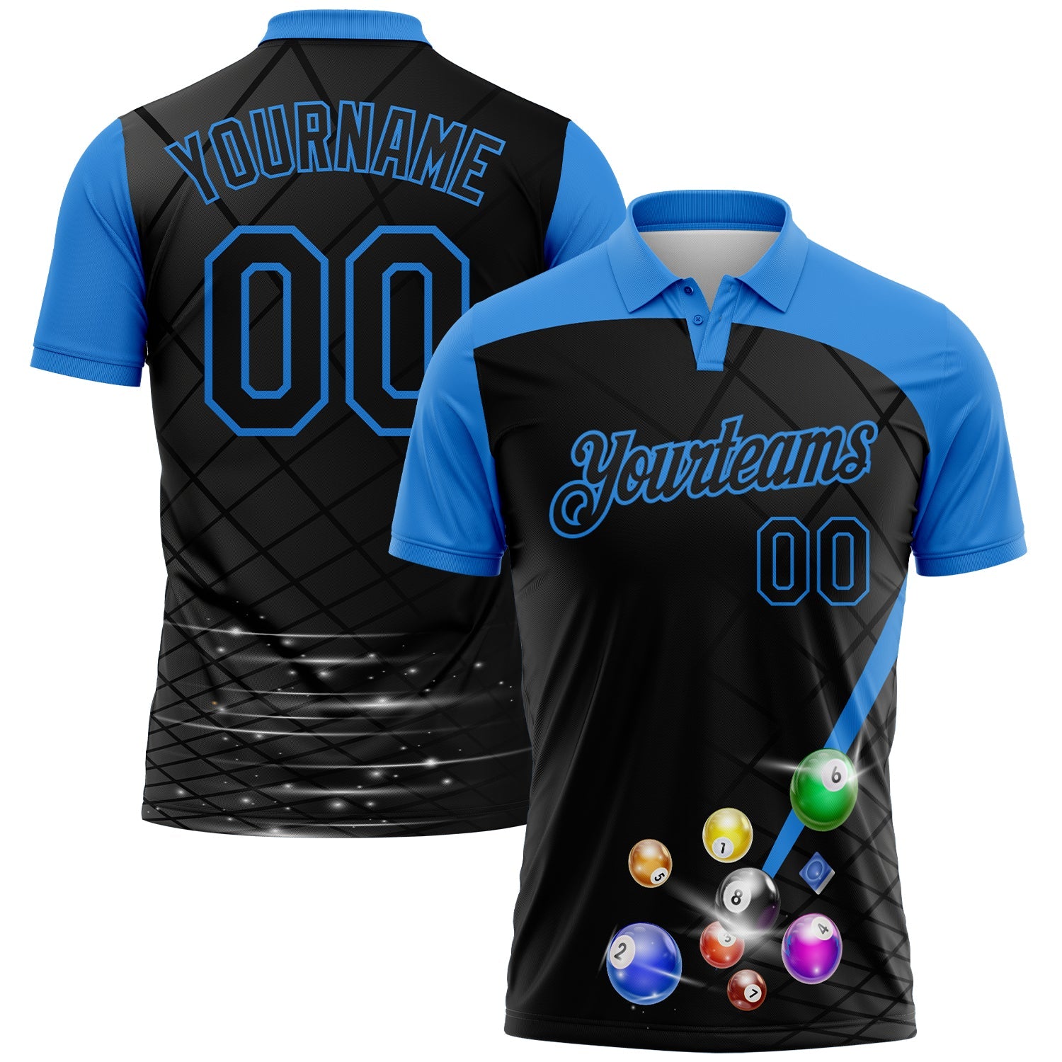 Custom Black-Powder Blue Billiard Balls Performance Polo Shirt