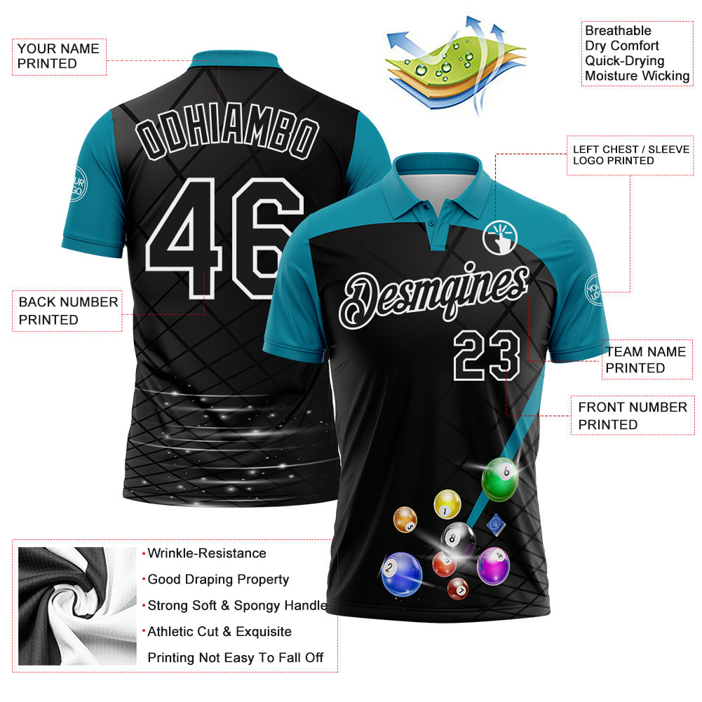 Custom Black Teal-White Billiard Balls Performance Polo Shirt