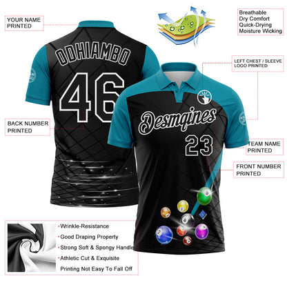 Custom Black Teal-White Billiard Balls Performance Polo Shirt