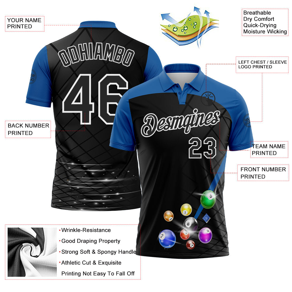 Custom Black Thunder Blue-White Billiard Balls Performance Polo Shirt