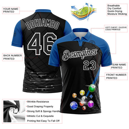 Custom Black Thunder Blue-White Billiard Balls Performance Polo Shirt