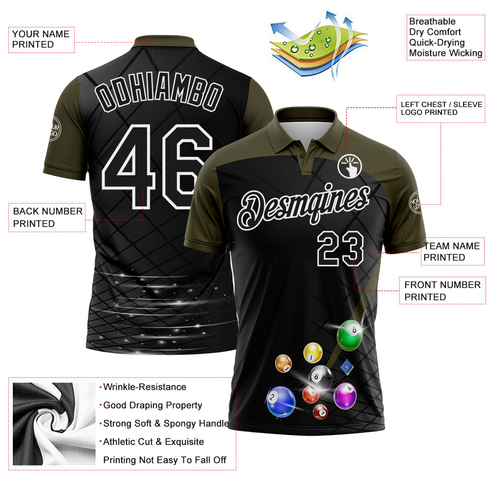 Custom Black Olive-White Billiard Balls Performance Polo Shirt