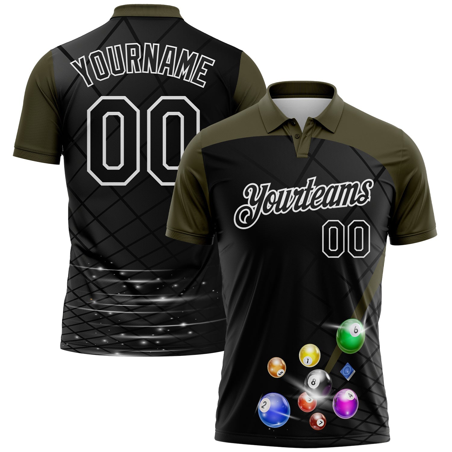Custom Black Olive-White Billiard Balls Performance Polo Shirt