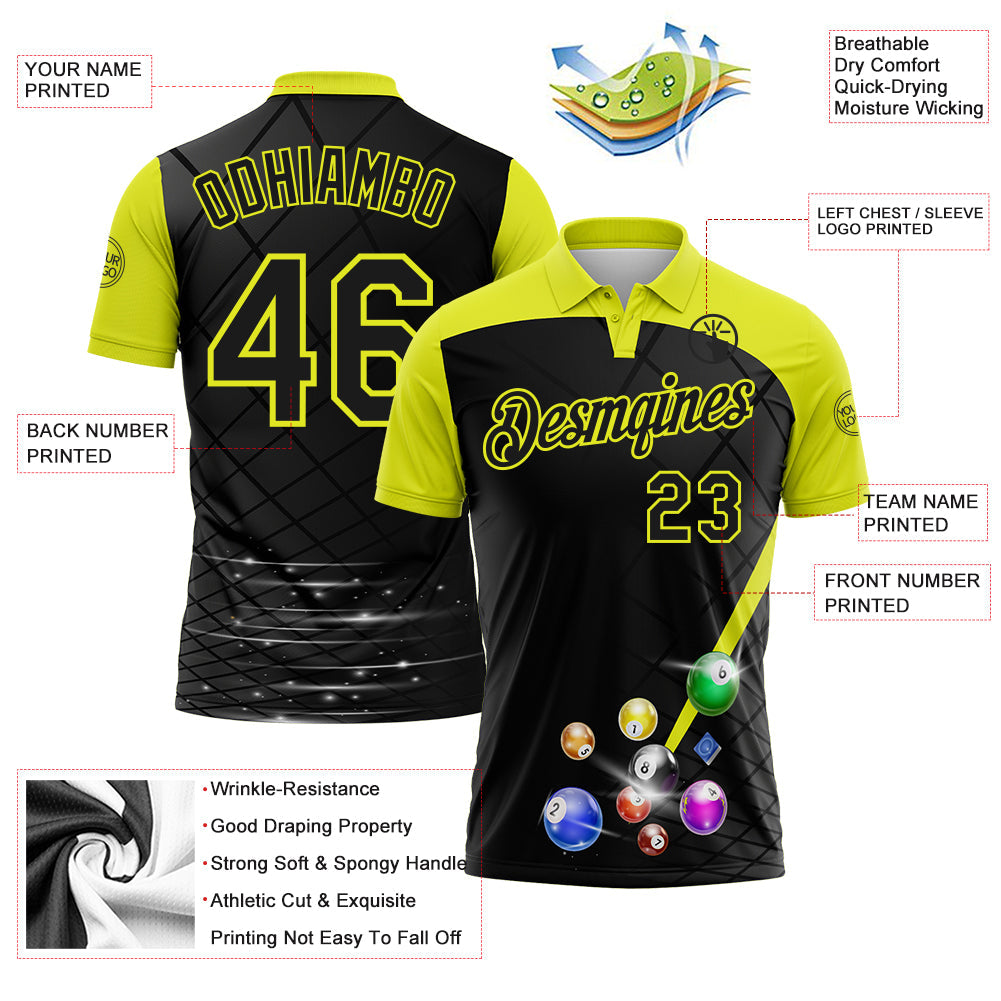 Custom Black-Neon Yellow Billiard Balls Performance Polo Shirt
