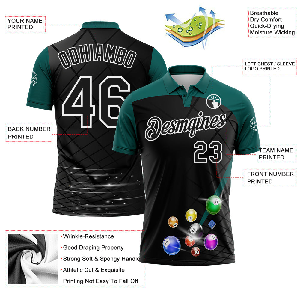 Custom Black Midnight Green-White Billiard Balls Performance Polo Shirt