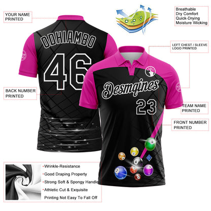 Custom Black Deep Pink-White Billiard Balls Performance Polo Shirt