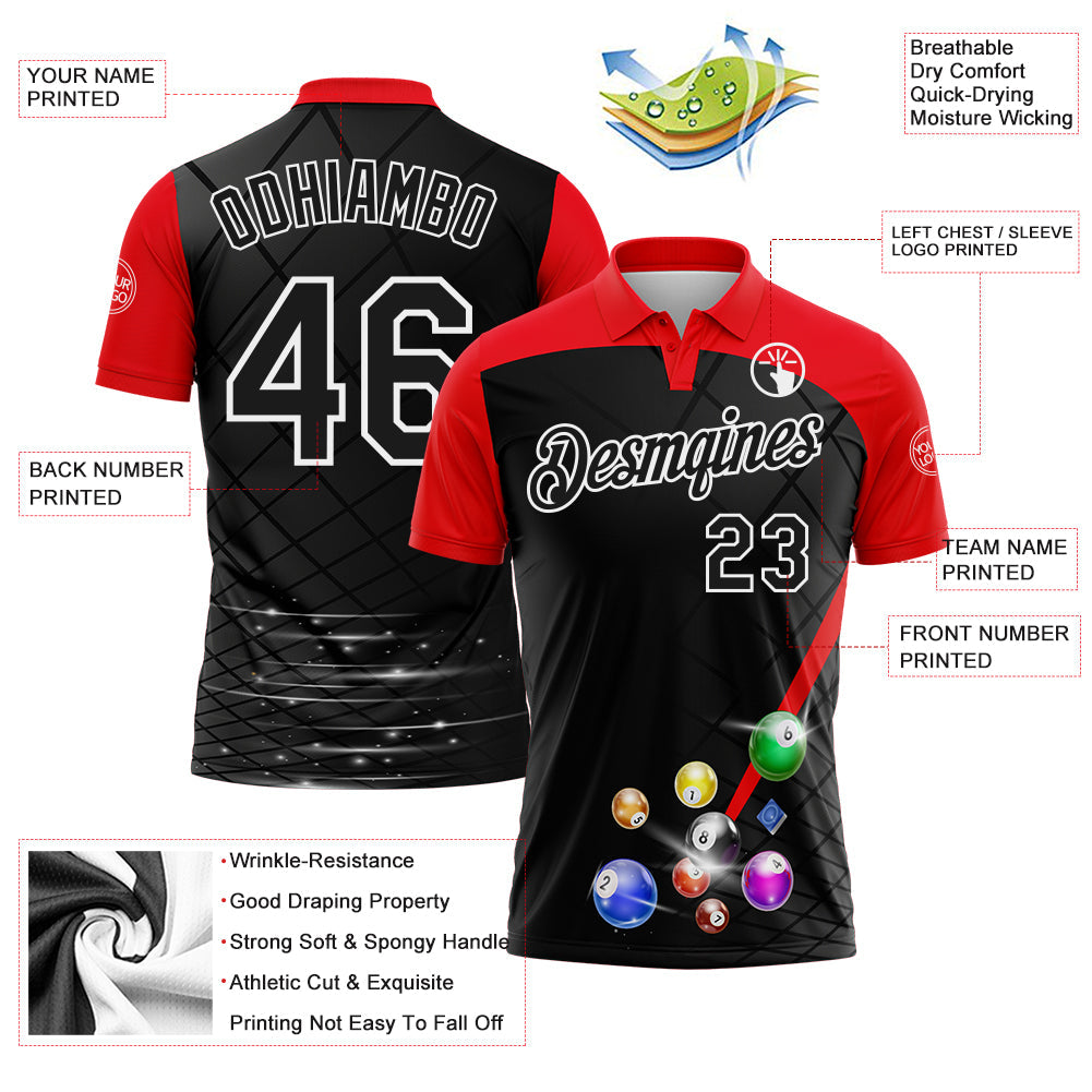 Custom Black Fire Red-White Billiard Balls Performance Polo Shirt