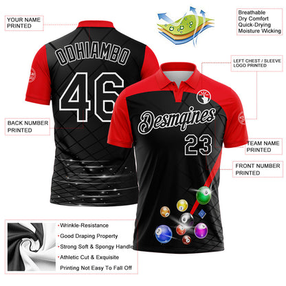 Custom Black Fire Red-White Billiard Balls Performance Polo Shirt