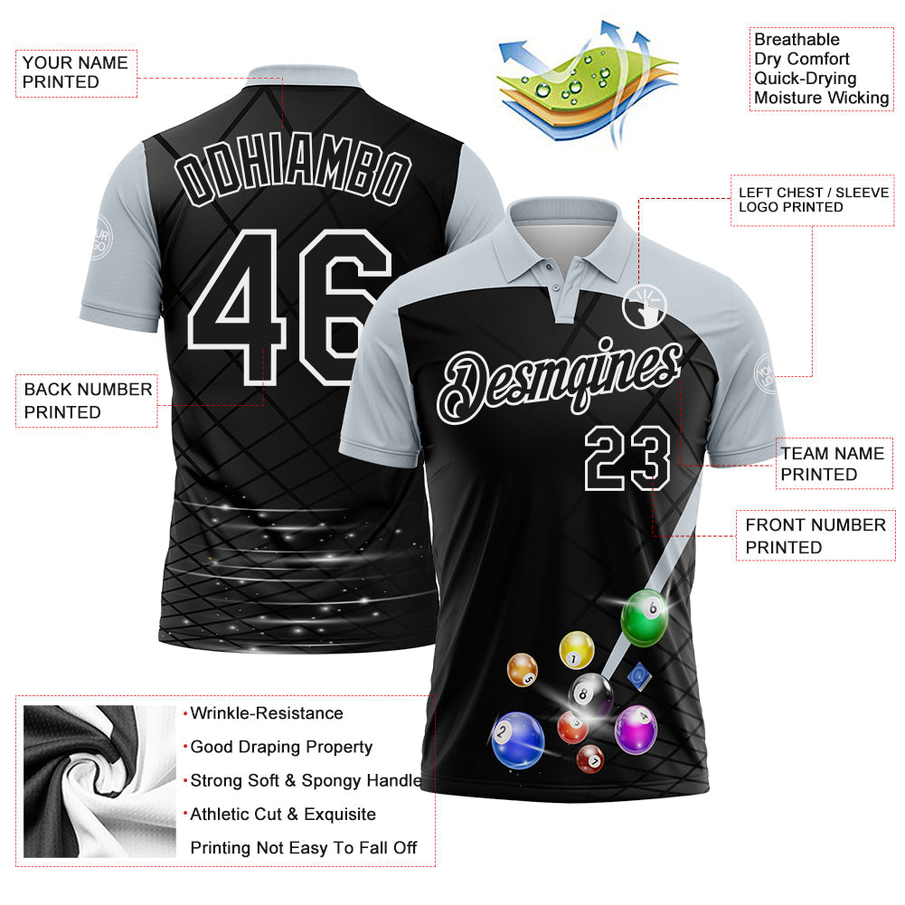 Custom Black Silver-White Billiard Balls Performance Polo Shirt