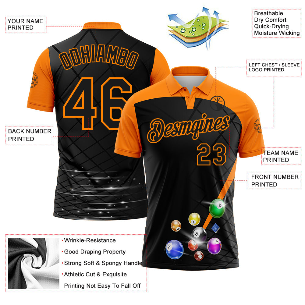 Custom Black-Bay Orange Billiard Balls Geometric Grid Performance Polo Shirt