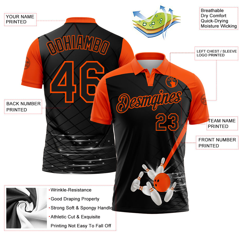 Custom Black-Orange Bowling Geometric Grid Performance Polo Shirt