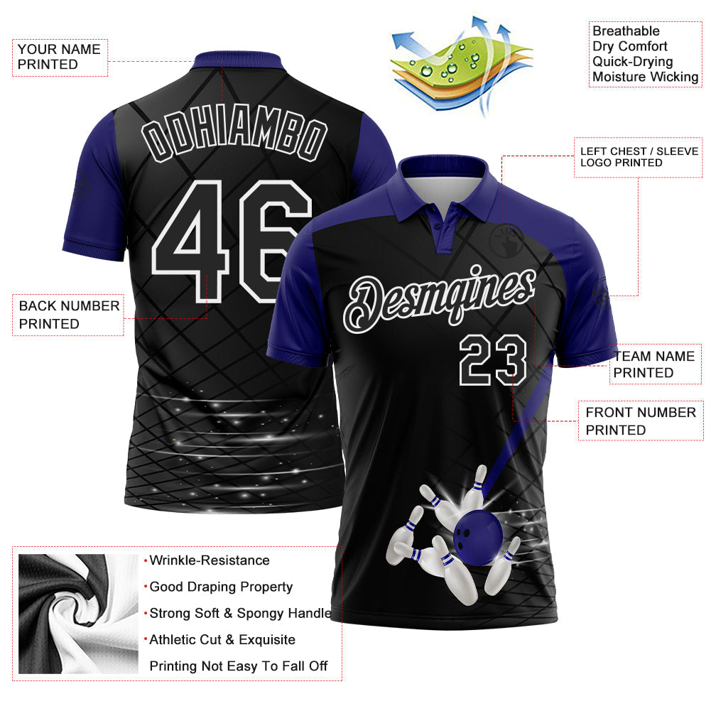 Custom Black Purple-White Bowling Geometric Grid Performance Polo Shirt