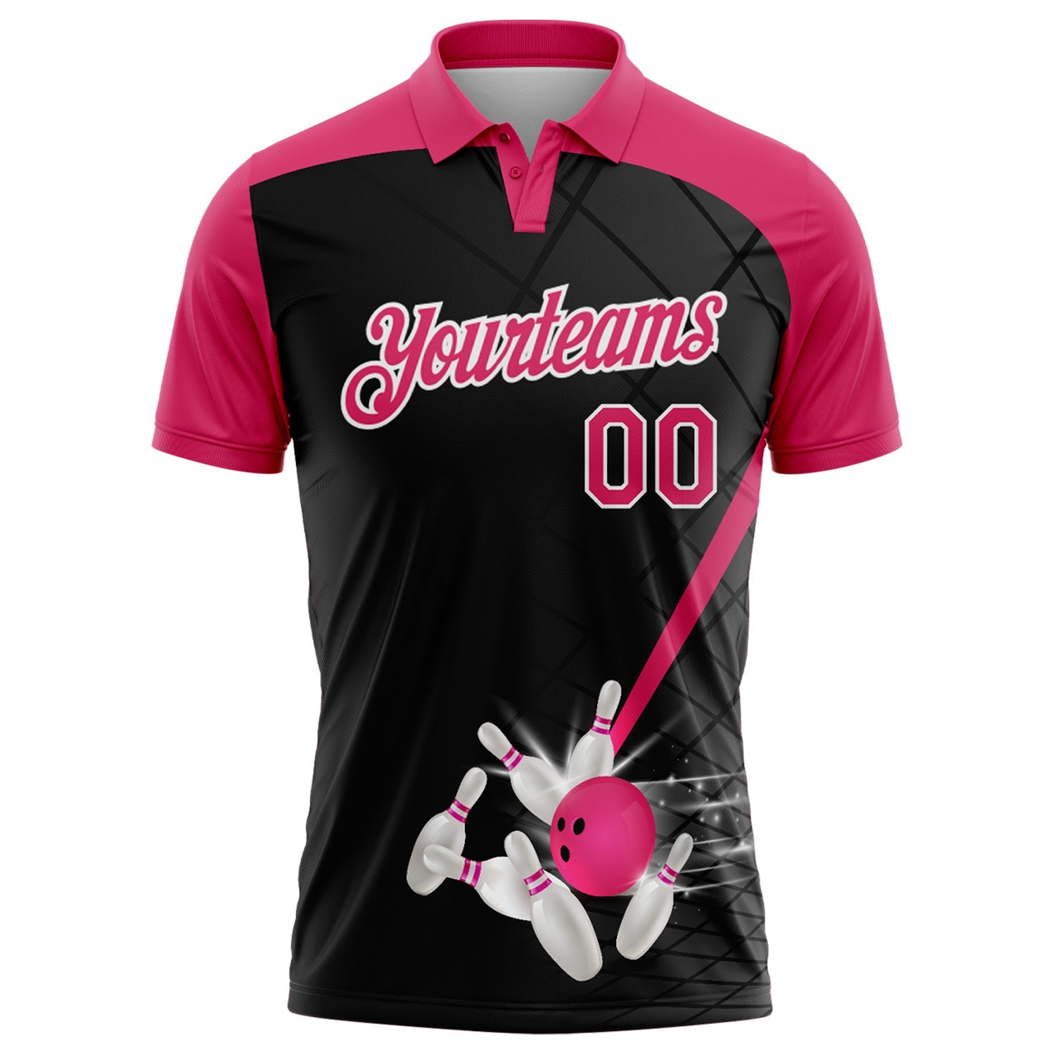 Custom Black Pink-White Bowling Geometric Grid Performance Polo Shirt