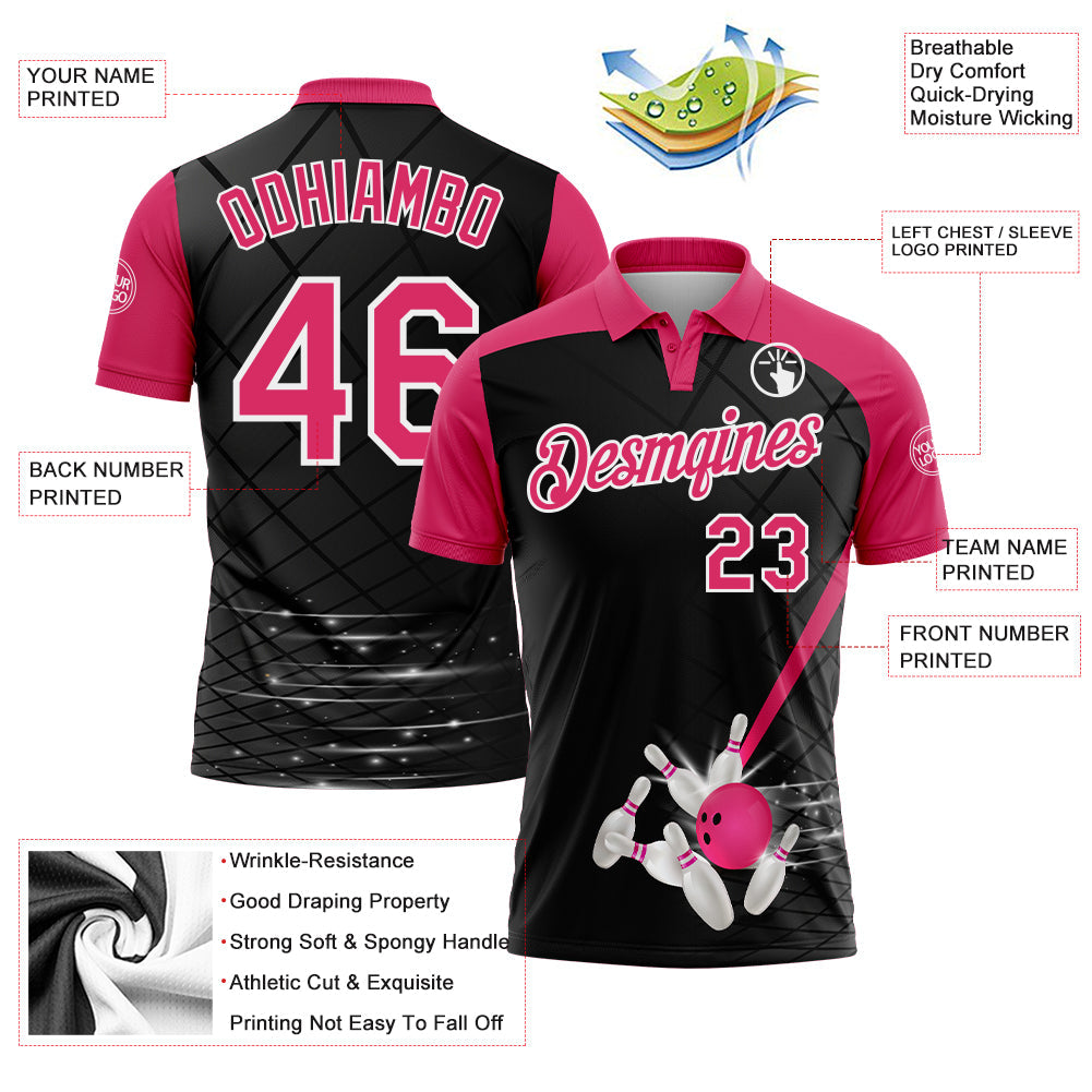 Custom Black Pink-White Bowling Geometric Grid Performance Polo Shirt