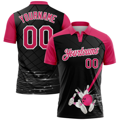Custom Black Pink-White Bowling Geometric Grid Performance Polo Shirt