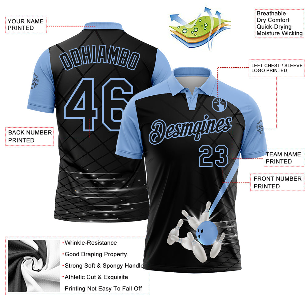 Custom Black-Light Blue Bowling Geometric Grid Performance Polo Shirt