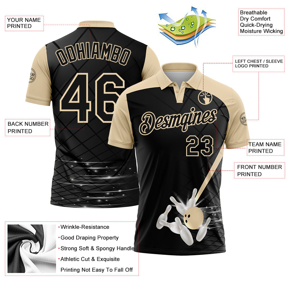Custom Black-City Cream Bowling Geometric Grid Performance Polo Shirt
