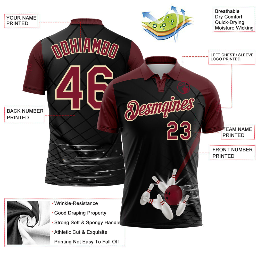 Custom Black Crimson-Cream Bowling Geometric Grid Performance Polo Shirt