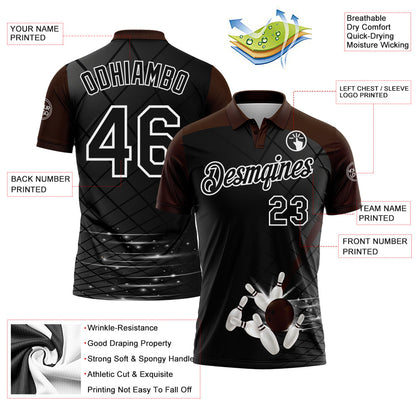 Custom Black Brown-White Bowling Geometric Grid Performance Polo Shirt
