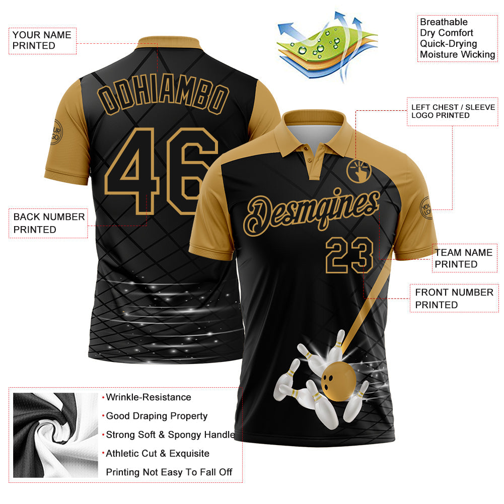 Custom Black-Old Gold Bowling Geometric Grid Performance Polo Shirt