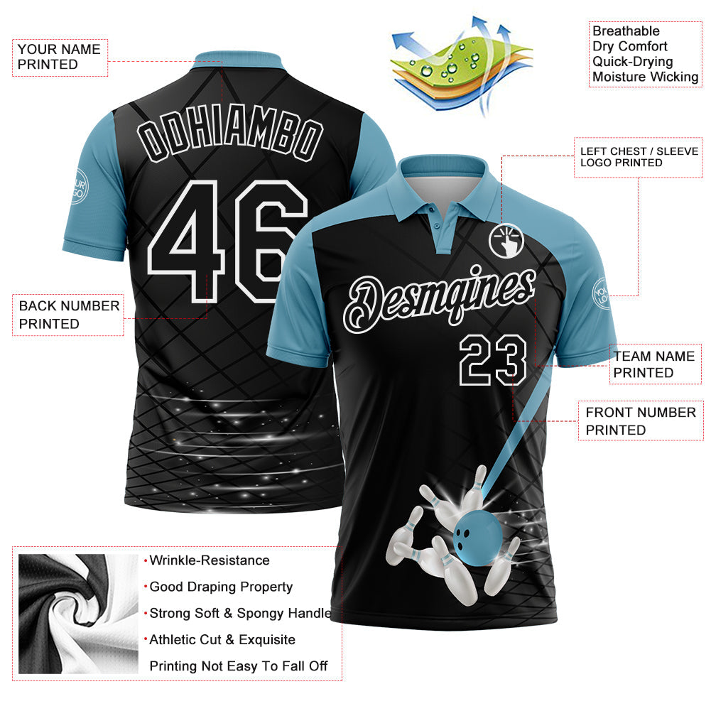 Custom Black Shadow Blue-White Bowling Geometric Grid Performance Polo Shirt