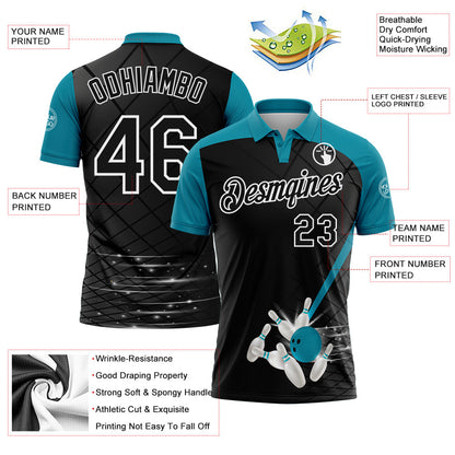 Custom Black Teal-White Bowling Geometric Grid Performance Polo Shirt