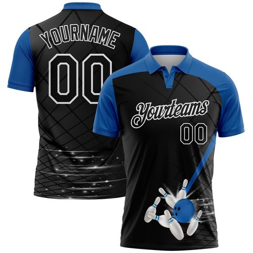 Custom Black Thunder Blue-White Bowling Geometric Grid Performance Polo Shirt