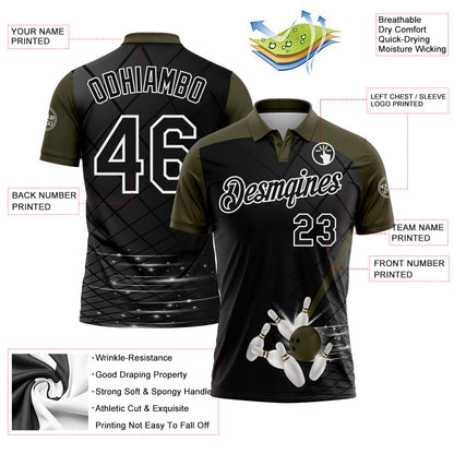 Custom Black Olive-White Bowling Geometric Grid Performance Polo Shirt