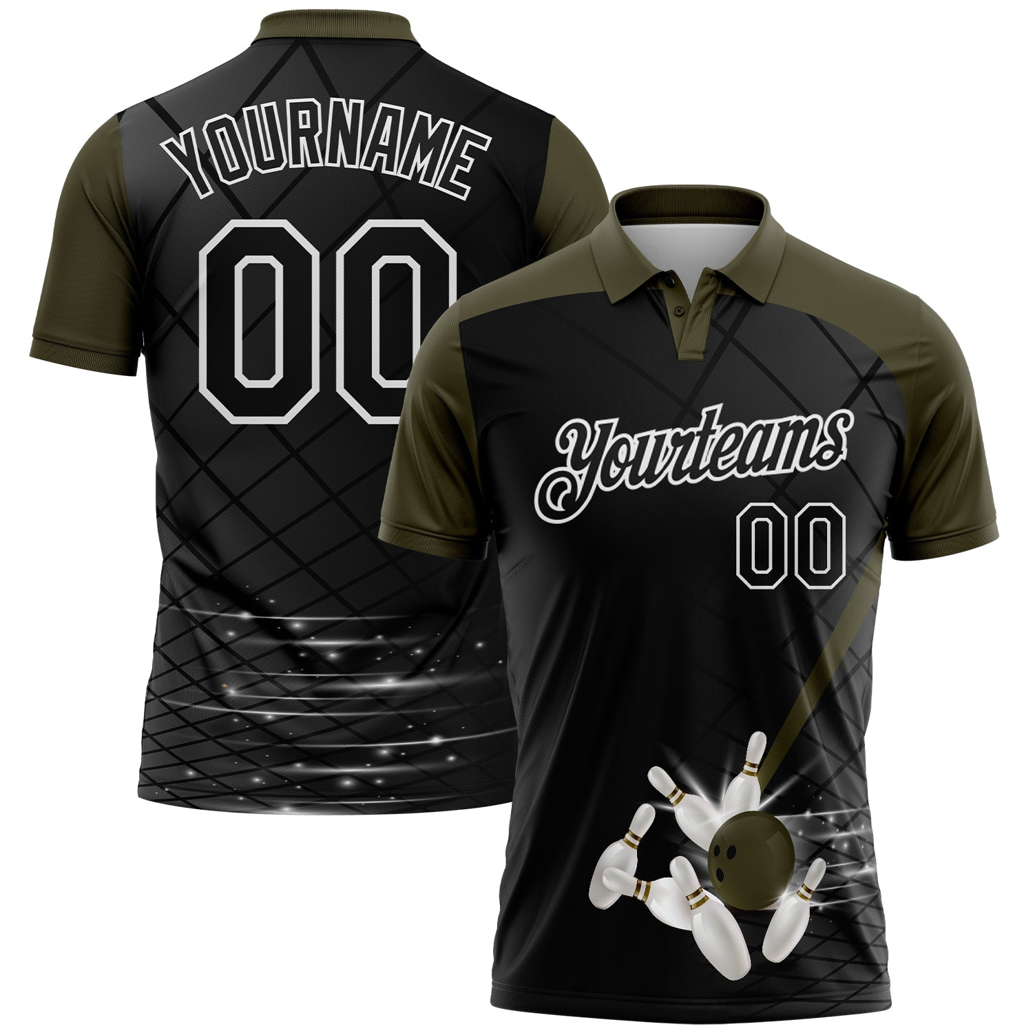 Custom Black Olive-White Bowling Geometric Grid Performance Polo Shirt