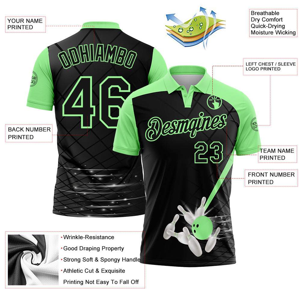 Custom Black-Pea Green Bowling Geometric Grid Performance Polo Shirt