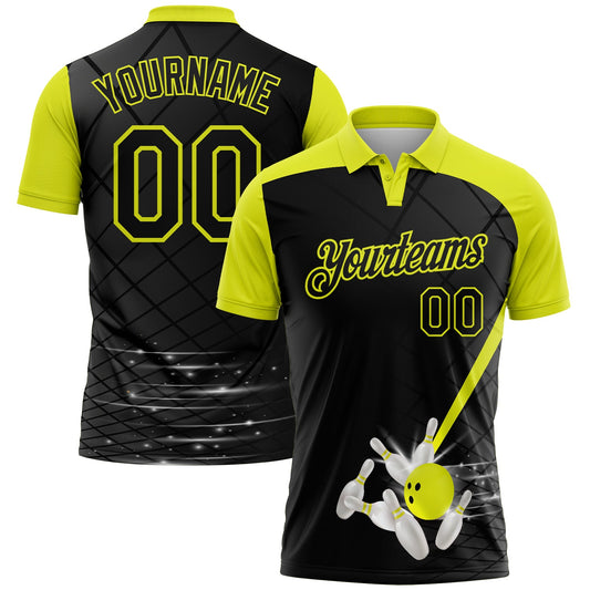 Custom Black-Neon Yellow Bowling Geometric Grid Performance Polo Shirt