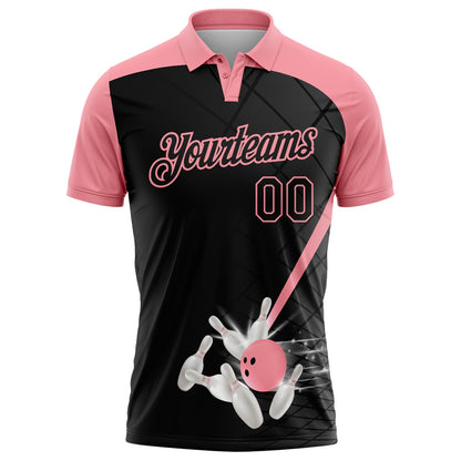 Custom Black-Medium Pink Bowling Geometric Grid Performance Polo Shirt