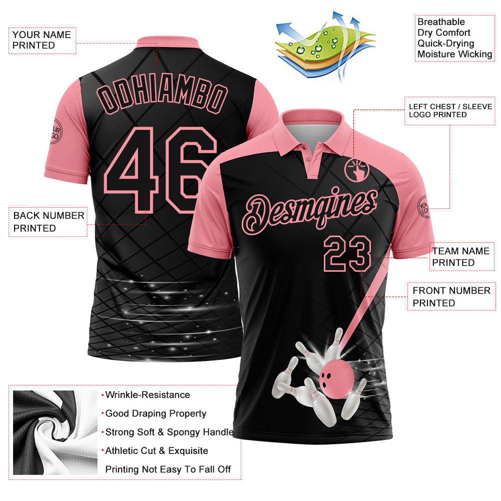 Custom Black-Medium Pink Bowling Geometric Grid Performance Polo Shirt