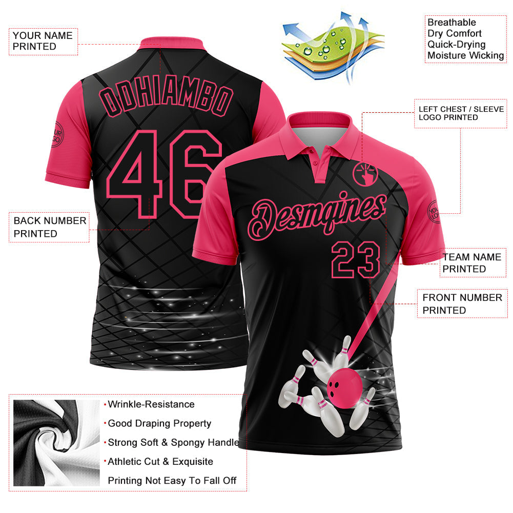 Custom Black-Neon Pink Bowling Geometric Grid Performance Polo Shirt
