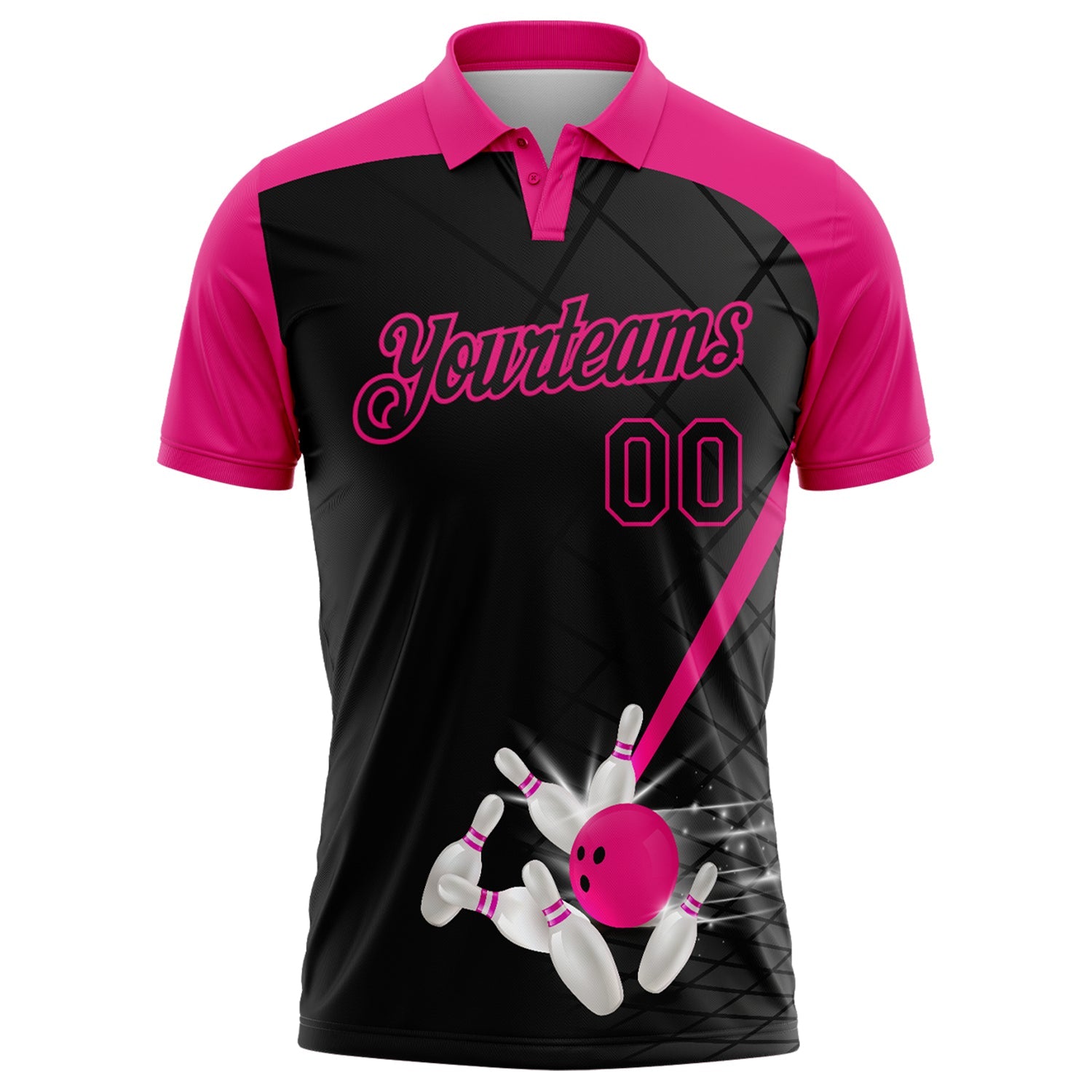 Custom Black-Hot Pink Bowling Geometric Grid Performance Polo Shirt