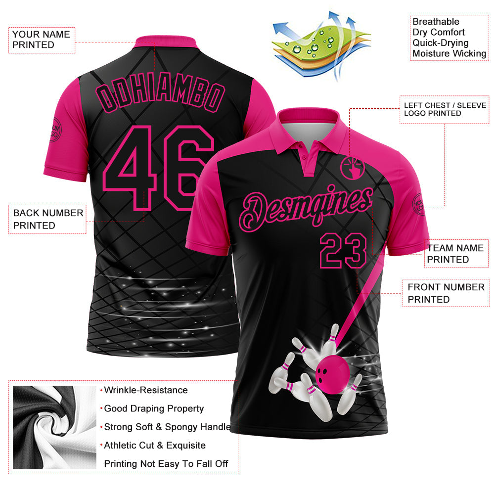 Custom Black-Hot Pink Bowling Geometric Grid Performance Polo Shirt