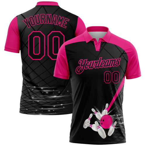 Custom Black-Hot Pink Bowling Geometric Grid Performance Polo Shirt