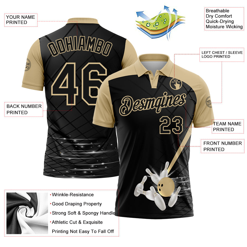 Custom Black-Vegas Gold Bowling Geometric Grid Performance Polo Shirt