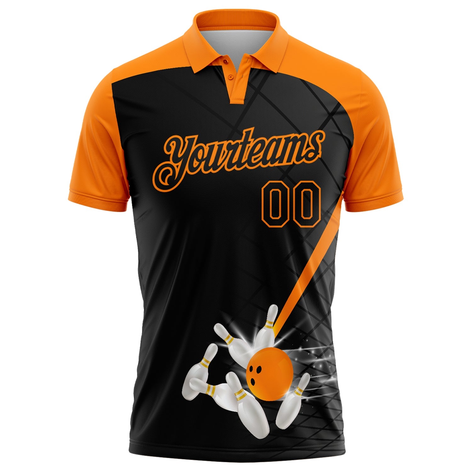 Custom Black-Bay Orange Bowling Geometric Grid Performance Polo Shirt