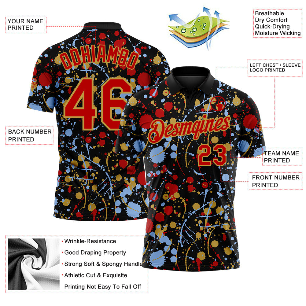 Custom Graffiti Pattern Red Black Light Blue-Old Gold Vibrant Multi-Color Abstract Splatter Performance Polo Shirt