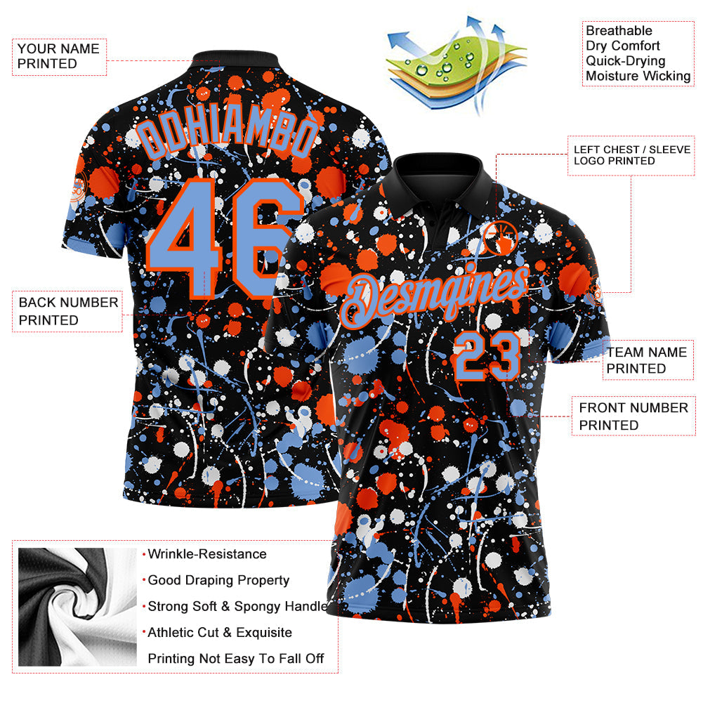 Custom Graffiti Pattern Powder Blue Black Orange-White Vibrant Multi-Color Abstract Splatter Performance Polo Shirt