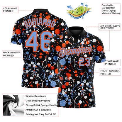 Custom Graffiti Pattern Powder Blue Black Orange-White Vibrant Multi-Color Abstract Splatter Performance Polo Shirt
