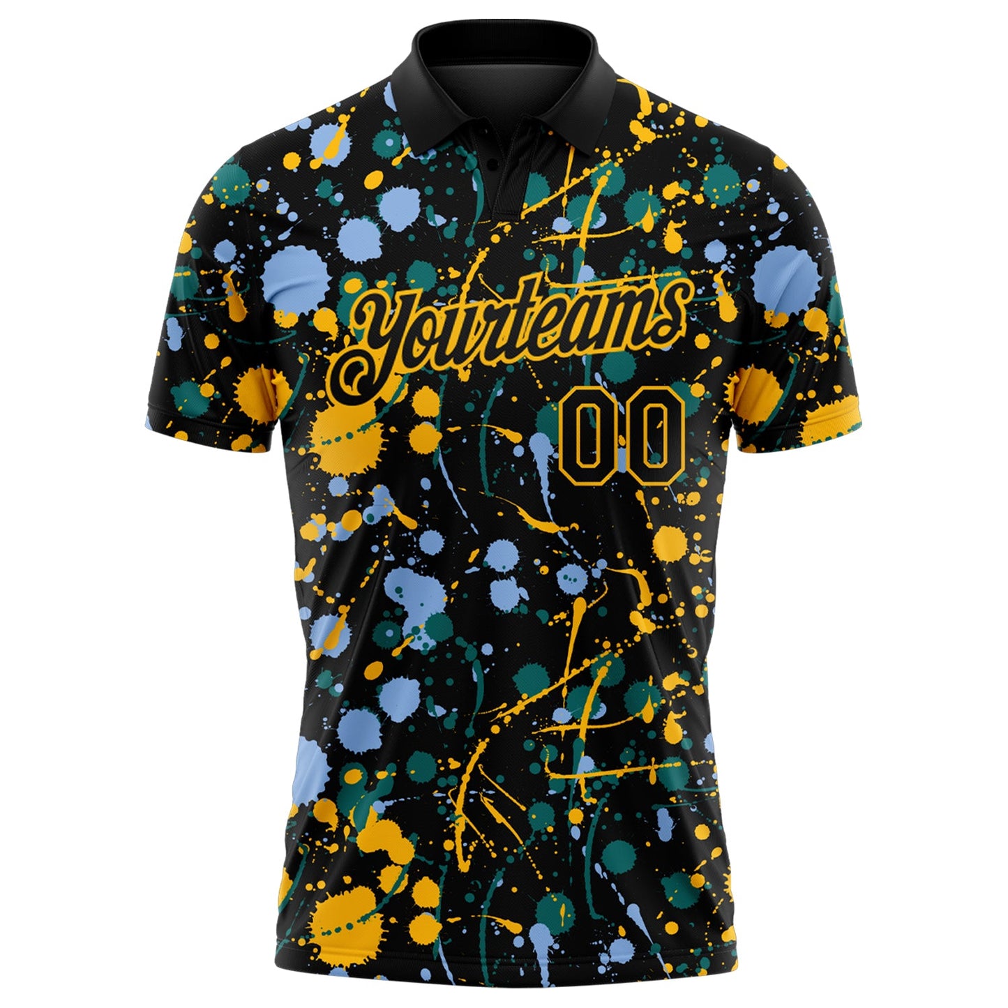 Custom Graffiti Pattern Black Light Blue Gold-Teal Vibrant Multi-Color Abstract Splatter Performance Polo Shirt